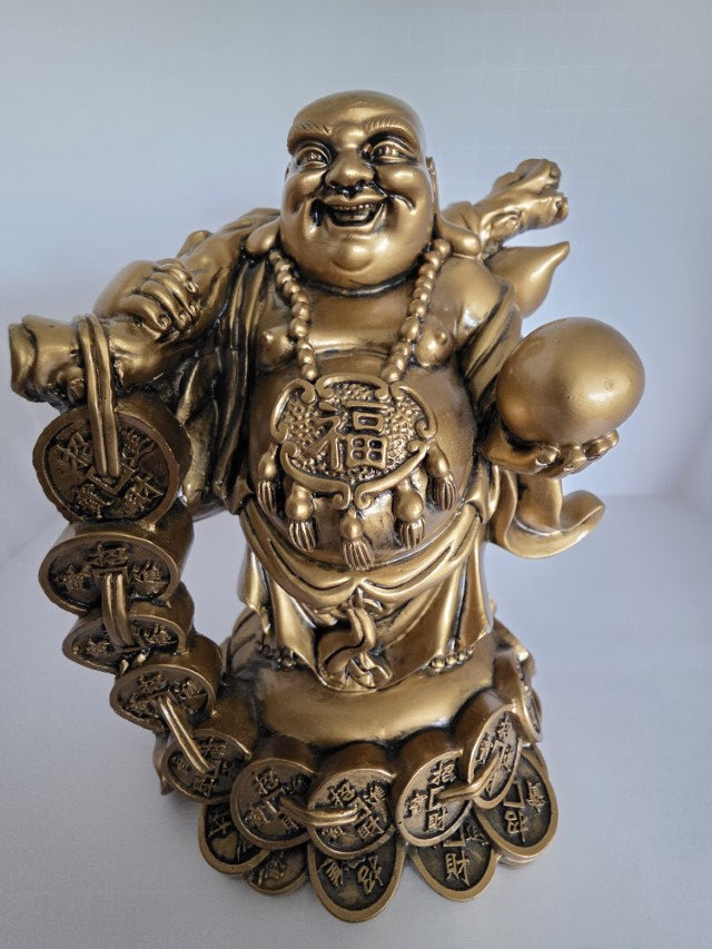 Gold Laughing Buddha Figurine with Ball – Lucky Charm for Protection, Wisdom & Prosperity