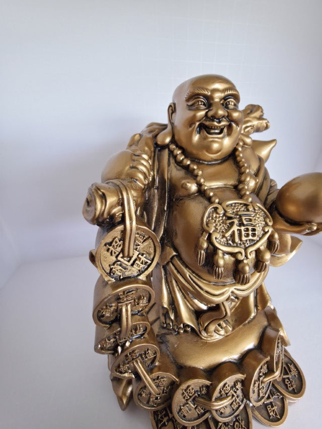 Gold Laughing Buddha Figurine with Ball – Lucky Charm for Protection, Wisdom & Prosperity