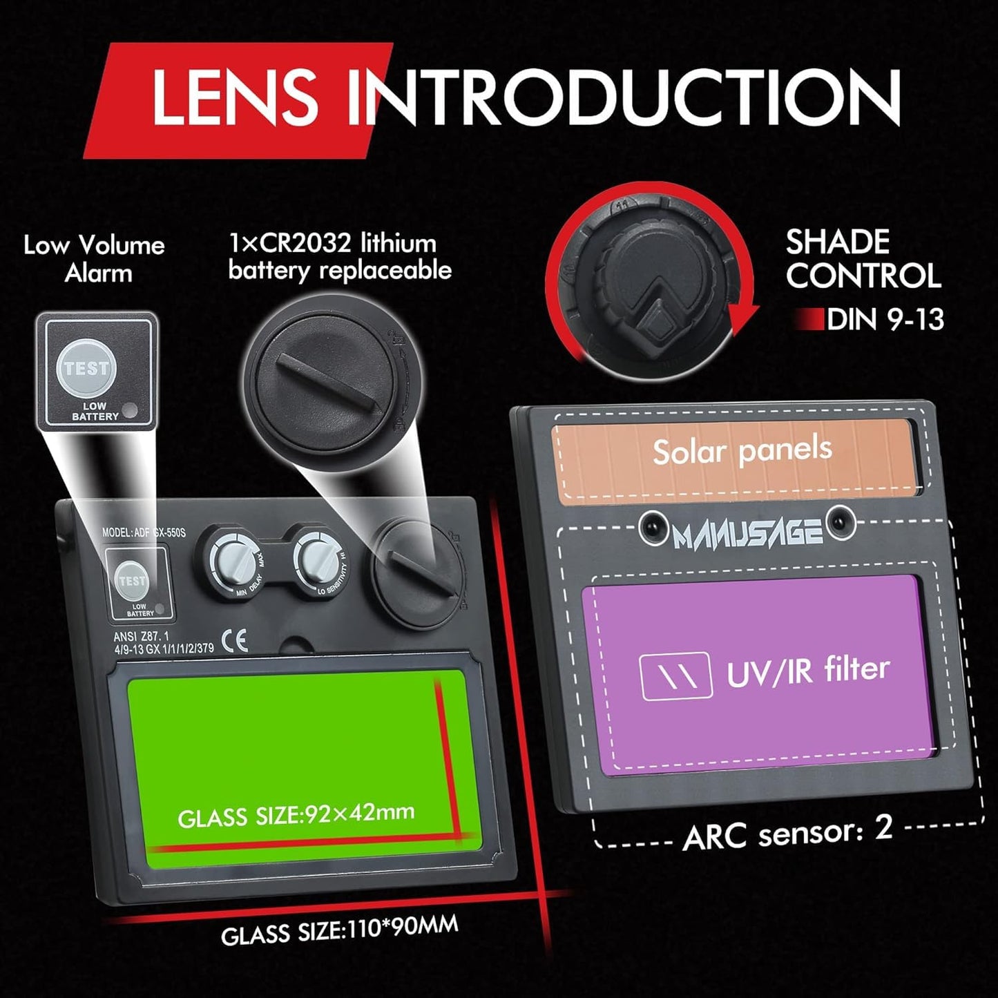 Welding Helmet Solar Powered Auto Darkening, Wide Shade 9-13 TIG MIG ARC Hood